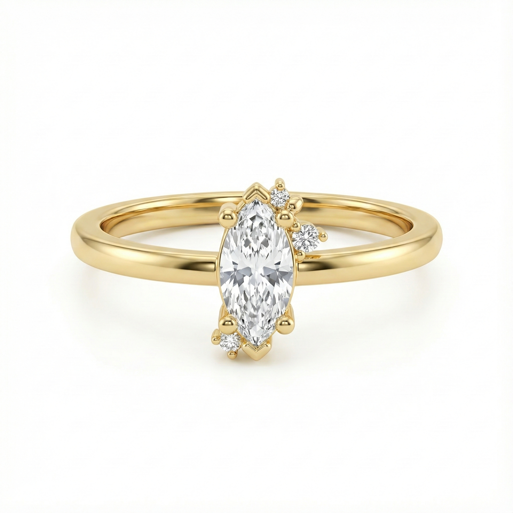 Bague marquise dorée or 18k avec pierre centrale scintillante et entourage de zircons blancs, design fin et élégant